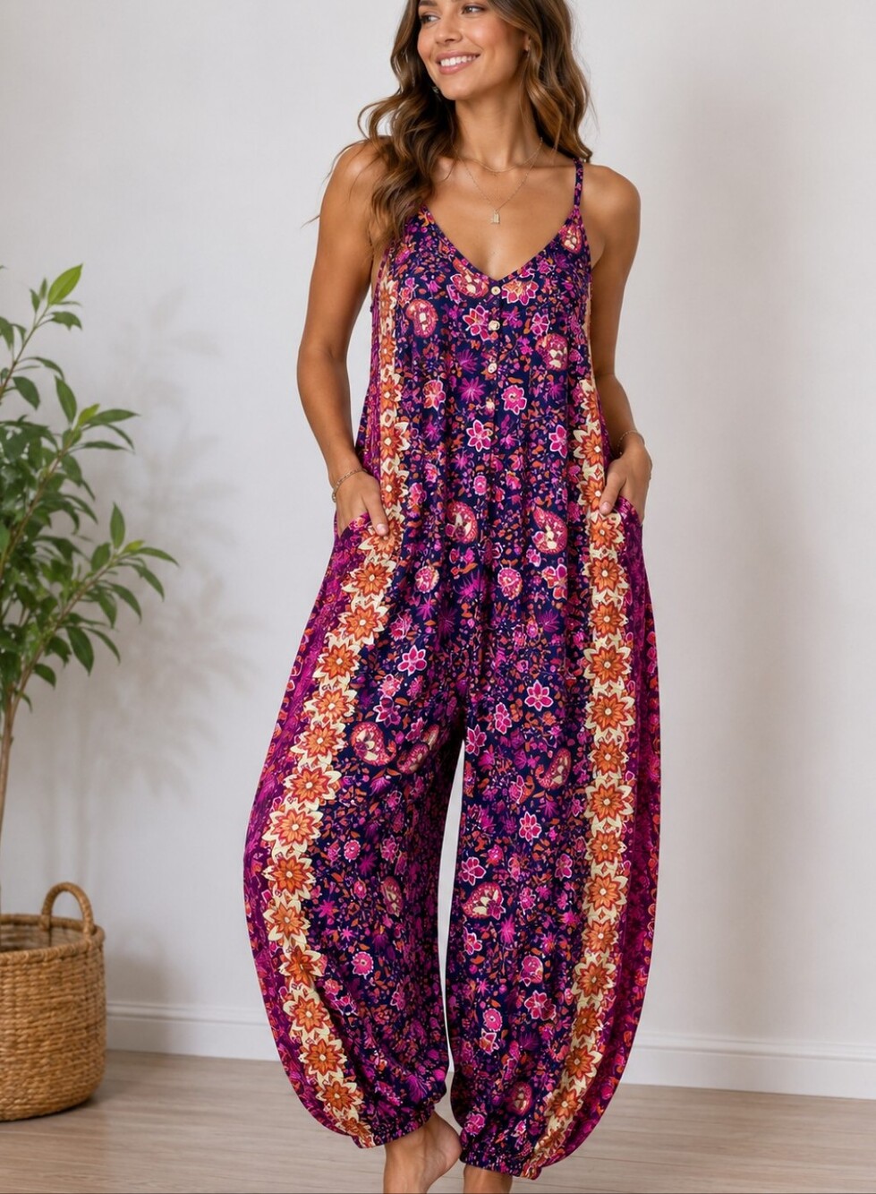 NWT Rusttydustty Women’s XL Boho Floral Harem Jumpsuit Wide Leg Romper